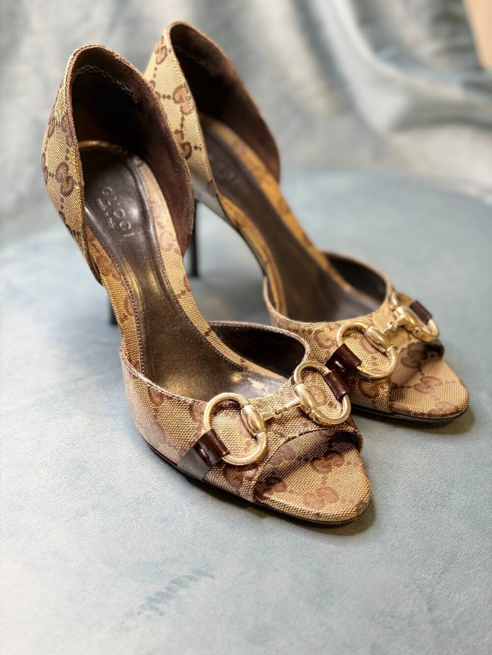 Gucci Beige/Brown GG Coated Canvas Horsebit Open Toe Pumps Size 37.5
